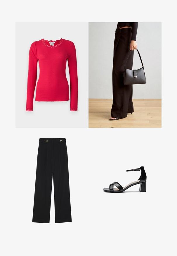 Rosemunde BABETTE - Langarmshirt - crimson; Schwarze weite Hosen mit hoher Taille, Knopfdetails am Bund und vorderen Falten.; Schwarze offene Sandale mit Absatz, gekreuzten Riemen, verstellbarem Knöchelriemen und einem klobigen Absatz, ausgestattet mit einer glatten Ledertextur.; Schwarze Handtasche mit strukturierter Form, glatter Textur und einem metallischen Verschluss. Kombiniert mit weiten schwarzen Hosen und offenen Sandalen auf einem Holzboden.