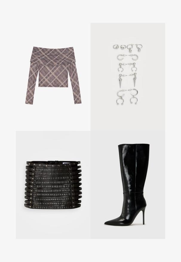 Pitkähiha, olkapäät paljastava yläosa pehmeää kangasta, jossa on hillitty ruudullinen kuvio ruskean ja beigeen sävyissä, rento istuvuus.; Musta nahkainen minihame, jossa on vaakasuoria hihnatyylisiä yksityiskohtia ja hopeisia niittejä yläreunassa ja pystysuorilla sivuilla.; Musta nahkainen polvitumppi saappaat, joissa on kärki ja korkea stiletto-korko. Tasaisen sileä pinta ja virtaviivainen muotoilu, jossa on minimaalinen yksityiskohtaisuus.; Sarja hopeisia korvakoruja, joissa on erilaisia muotoiluita: rengas-, nappi- ja roikkuvat tyylit, joissa on pallomaisia korostuksia ja teräviä elementtejä.