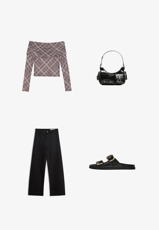 Hosszú ujjú, vállnál szabott felső puha anyagból, tompa kockás mintával barna és bézs árnyalatokban, laza szabással.; Fekete, bő szabású farmernadrág magas derékkal, elülső és hátsó zsebekkel, varrott felületekkel és gombos záródással. Sima textúra.; Fekete csúszó szandál, két arany csattal, sima textúrájú anyagból, lapos talppal és minimalista dizájnnal.; Fekete lakkbőr kézitáska ívelt formával, egy vállpánttal, elülső zsebekkel és ezüstszínű fémrészletekkel.