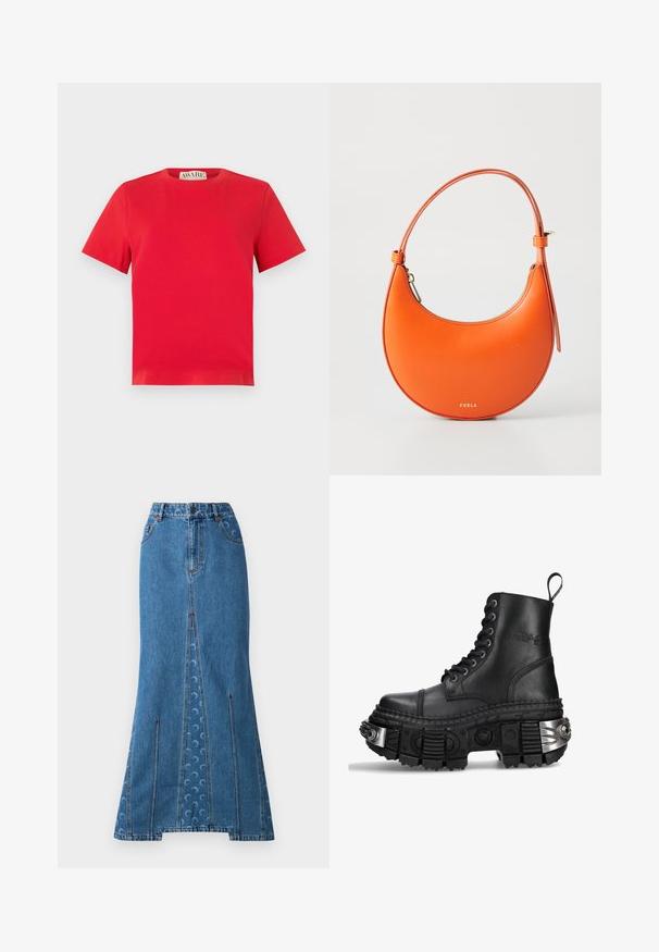 Rød bomulds t-shirt med rund hals og korte ærmer. Enkel design, ingen mønstre, med lige kant og AWARE mærke indeni.; En denim crop top med lynlås foran, buede sømdetaljer og et gentaget halvmåne mønster i lyseblå på en mørkere blå baggrund.; Denim maxi nederdel i mellemblå med en stram talje, lige silhuet, kontrastfarvet rød søm og et subtilt cirkulært mønster på bagsiden.; Sort læder kampstøvle med høj krave, rund tå, tyk tekstureret sål, sølvfarvede hardwaredetaljer og karakteristisk sålmønster.; Orange læderhåndtaske med en halvmåneform, slank rem og guldhardware. Har en lynlåslukning og prægede brandnavn på forsiden.; Guldtonet kædetråd med en central vedhæng i kuppelform, korsaccent og klare rhinsten fordelt over det hele.