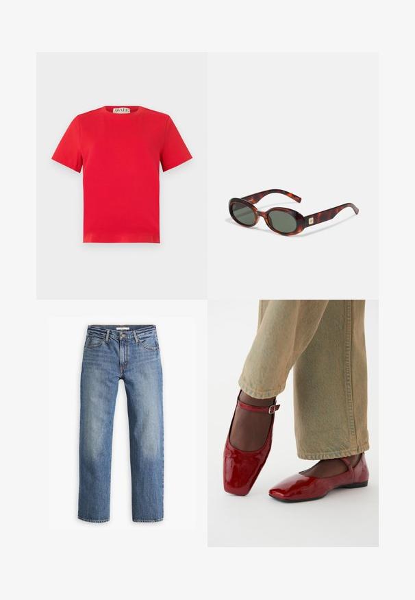 T-shirt rossa in cotone con collo rotondo e maniche corte. Design semplice, senza motivi, con fondo dritto e etichetta del marchio AWARE all'interno.; Jeans in denim azzurro chiaro, design a gamba dritta, vita media, cinque tasche, cuciture tono su tono e zip con bottone.; Scarpe in pelle verniciata rossa con punta quadrata, tacco basso e cinturino alla caviglia, abbinate a jeans a gamba larga verdi chiari. Texture liscia, superficie riflettente.; Occhiali da sole a tartaruga con lenti scure, forma ovale e aste larghe. Presentano un piccolo accento dorato sul lato. Materiale in plastica liscia.