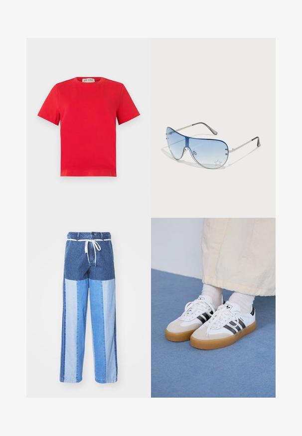Red cotton t-shirt with a crew neck and short sleeves. Simple design, no patterns, featuring a straight hem and AWARE brand label inside.; Blue denim pants featuring a patchwork design with varying shades of blue, a drawstring waist, and loose, straight-cut legs.; White sneakers with black stripes and beige suede accents. Feature a textured gum sole and flat white laces, worn with light-colored socks.; Aviator sunglasses featuring a gradient blue lens, silver metal frame, and decorative star accents on the lens. Smooth and sleek design.