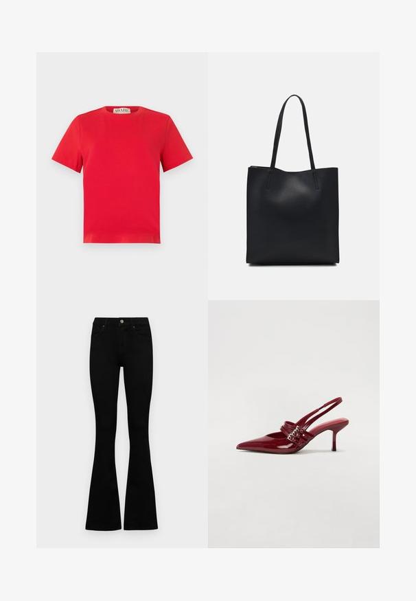Rotes Baumwoll-T-Shirt mit Rundhalsausschnitt und kurzen Ärmeln. Einfaches Design, keine Muster, mit geradem Saum und AWARE-Label innen.; Schwarze hochtaillierte Jeans mit einem Knopf- und Reißverschluss, Fronttaschen und ausgestellten Beinen, flach auf einem weißen Hintergrund ausgelegt.; Rote Lackleder Slingback-Absätze mit spitzem Zeh, zwei Schnallenriemen und einem schlanken, mittelhohen Stiletto-Absatz. Glatte Textur.; Schwarze Laptoptasche aus Leder mit glatter Textur, rechteckiger Form und zwei langen Griffen. Keine sichtbaren Beschläge oder Verzierungen.