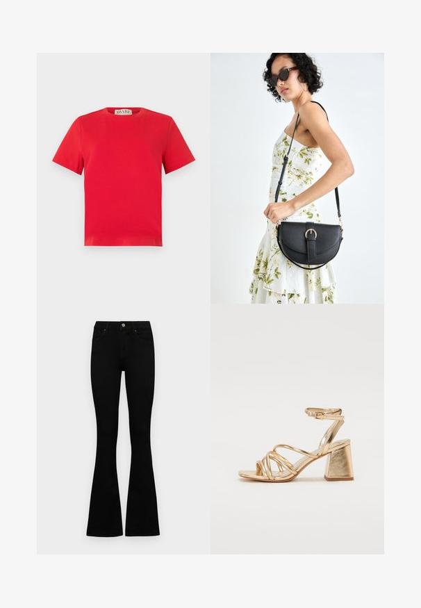 Červené bavlnené tričko s okrúhlym výstrihom a krátkymi rukávmi. Jednoduchý dizajn, bez vzorov, s rovnými okrajmi a vnútornou štítkou značky AWARE.; Čierne vysoké nohavice s gombíkom a zipsom, predné vrecká a rozšírené nohavice položené na bielom pozadí.; Zlaté metalické sandále na podpätku so strappy dizajnom, štvorcovým blokovým podpätkom a nastaviteľným členkovým remienkom so sponou. Hladká textura.; Čierna kožená kabelka s zaobleným tvarom, odnímateľným popruhom a zlatými doplnkami. Kabelka má klopu s detailom s prackou.