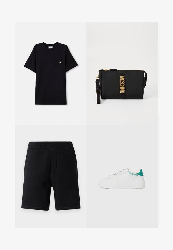 T-shirt de algodão preto com mangas curtas, apresentando um pequeno detalhe bordado de um ganso no peito e um decote redondo.; Calções atléticos pretos feitos de material macio; apresentam uma cintura elástica, dois bolsos laterais e costura em contraste.; Sapatilhas brancas em couro com biqueira arredondada, detalhe em turquesa no calcanhar e a marca "LOVE MOSCHINO" na parte traseira. Sola de borracha plana.; Clutch preto em nylon com detalhes em dourado, apresentando uma tira central com o logótipo. Inclui uma alça destacável e fecho de zíper para uso seguro.