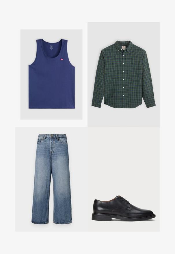 Camisola sem mangas azul marinho, feita de um tecido suave, com decote arredondado e um pequeno logótipo vermelho da Levi's no lado esquerdo do peito.; Camisa de botão de mangas compridas com padrão quadrado em verde, azul e amarelo, botões brancos e colarinho abotoado.; Calças de ganga azuis de pernas largas com um efeito desbotado, design de cinco bolsos e fecho de botão. Equipadas com passantes para cinto e detalhes cosidos.; Sapato de vestido em couro preto com bico redondo, design com atacadores e um salto baixo empilhado. Textura suave com detalhes de costura mínimos.