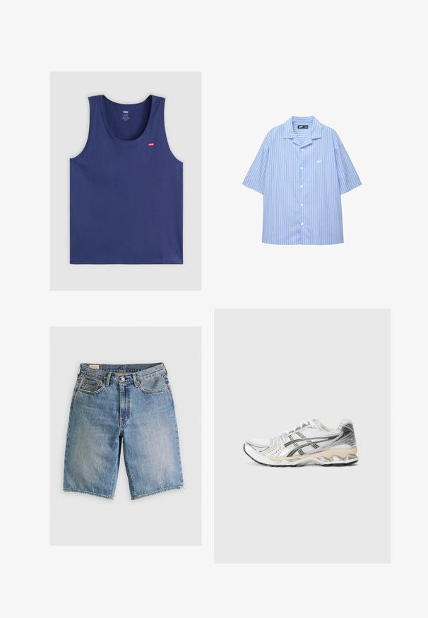 Námornícky modrý bezrukávový top vyrobený z mäkkej tkaniny, so zaobleným výstrihom a malým červeným logom Levi's na ľavej hrudi.; Košeľa s krátkym rukávom v svetlomodrej farbe s bielymi vertikálnymi pruhmi. Obsahuje klasický golier a malú nášivku na prsiach. Hladká textúra látky.; Denimové šortky v svetlomodrej farbe s klasickým strihom. Obsahujú päť vreciek, oranžové švy a surové okraje.; Biele športové topánky so striebornými a čiernymi akcentmi, sieťovaným zvrškom, štruktúrovaným dizajnom, polstrovanou podrážkou a flexibilným vzorom podrážky.
