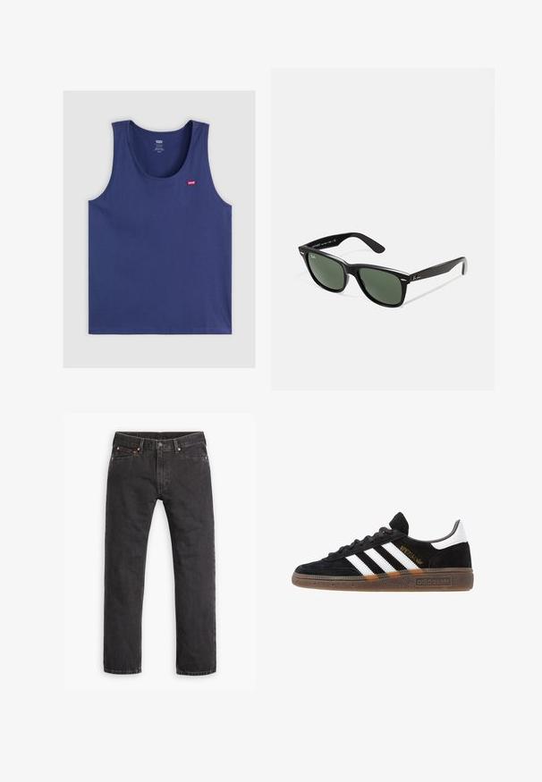 Tricou fără mâneci de culoare albastru închis, fabricat dintr-un material moale, având un guler rotund și un mic logo roșu Levi's pe partea stângă a pieptului.; Jeans negre cu picioare drepte din denim, cu cinci buzunare, închidere cu nasture și nituri de cupru, așezați pe un fundal alb.; Sneaker Adidas negre cu dungi albe, text aurit "Spezial", talpă din cauciuc și tab de călcare alb, prezentat din vedere laterală.; Ochelari de soare din plastic negru cu lentile verzi, rame pătrate, accent argintiu pe sprânceană și brațe texturate. Marca este menționată pe brațul interior.