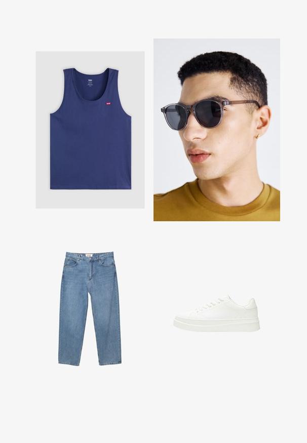 Mörkblå ärmlös linne tillverkat av mjukt material, med rundad halsringning och liten röd Levi's-logga på vänster bröst.; Ljust blå denimjeans med rak benställning, femfickorsdesign och en synlig märkesetikett vid midjan.; Vit sneaker med en slät läderöverdela, platta snören och en tjock gummisula. Minimalistisk design med subtil sömnad och sömlösa detaljer.; Gråtonade runda solglasögon med transparent båge, utrustade med mörka linser och tunna, eleganta skalmar. Bärs av en person med kort lockigt hår.