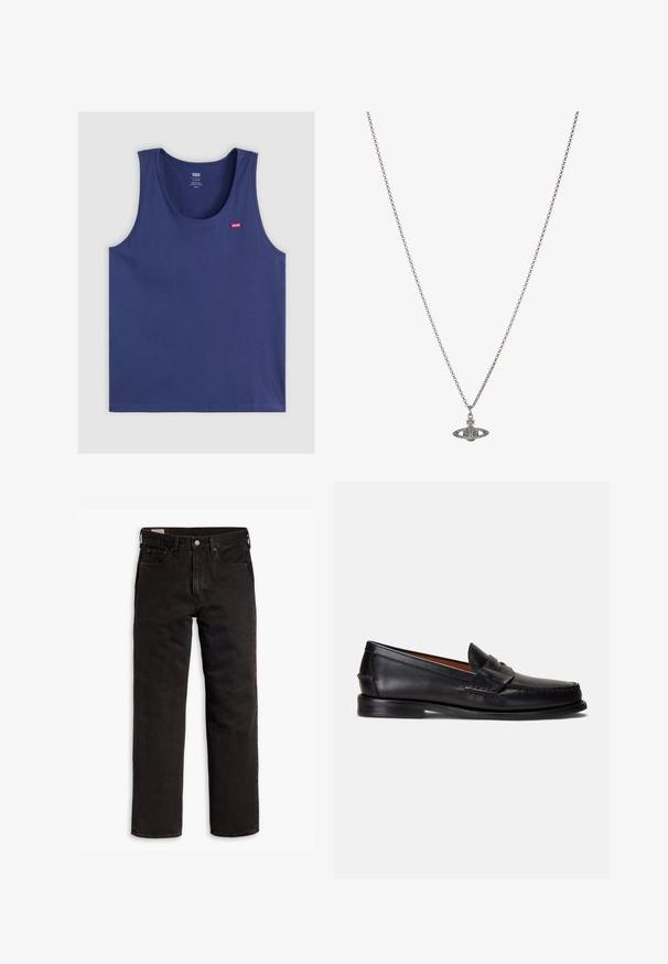 Laskia sininen ilman hihoja oleva toppi, joka on valmistettu pehmeästä kankaasta, ja jossa on pyöreä kaula-aukko sekä pieni punainen Levi's-logo vasemmassa rinnassa.; Mustat suorat farkut, joissa on viisi taskua, nappisulku ja vyölenkit, aseteltuna tasaisesti valkoista taustaa vasten.; Musta nahkainen loafer, jossa on sileä pinta, pyöristetty kärki ja koristeellinen nauha päälliosassa. Varustettu matalalla mustalla pohjalla.; Hopeaketju, jossa on yksityiskohtainen riipus planeetan muodossa, koristeltuna pienillä yksityiskohdilla ja monimutkaisilla kuvioilla.