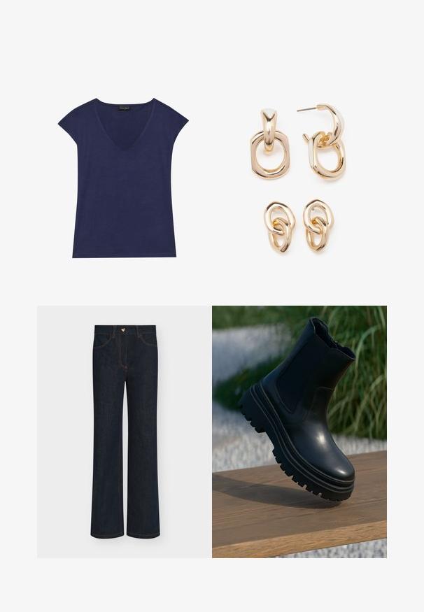 Top de culoare bleumarin, cu mânecă scurtă și decolteu în V. Fabricat dintr-un material moale, cu o textură netedă și o terminare curată a tivului.; Cămașă bleu deschis cu dungi verticale albe, guler ascuțit, mâneci lungi și buzunar pe pieptul stâng.; Blugi din denim întunecat, cu croială largă și talie înaltă, având cusături portocalii și un nasture metalic în formă de inimă. Design cu cinci buzunare.; Botină neagră din piele, cu talpă groasă, panouri laterale elastice și un finisaj neted. Design elevat cu detalii de profil contrastante.; Cercei aurii cu un amestec de forme geometrice: un pătrat, un cerc și modele ovale legate, având un finisaj lucios.