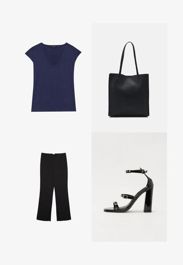 Marineblå kortærmet top med V-udskæring. Lavet af blødt stof, har en glat tekstur og pæne kantafslutninger.; Sorte bukser med lige pasform, der har frontlommer og slidser i kanten. Lavet af blødt, glat stof. Velegnet til forskellige anledninger.; Sorte patenterede hælsandaler med firkantet tå, ankelremme og sølvspænder. Har en chunky blokHæl for stabilitet.; Sort læder tote taske med glat tekstur, rektangulær form og to lange hanke. Ingen synlig hardware eller udsmykninger.