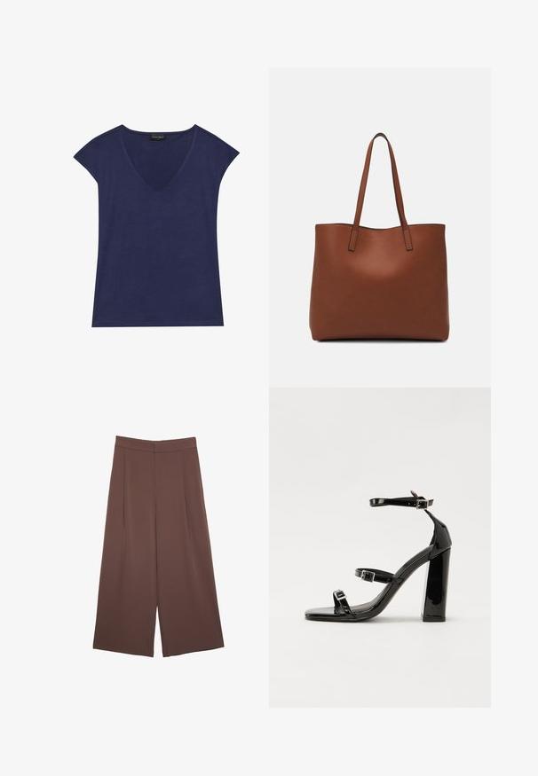 Marineblå kortærmet top med V-udskæring. Lavet af blødt stof, har en glat tekstur og pæne kantafslutninger.; Brune bredbunde bukser med en glat tekstur, der har høj talje og plisseringer foran. Stoffet er let og falder løst.; Sorte patenterede hælsandaler med firkantet tå, ankelremme og sølvspænder. Har en chunky blokHæl for stabilitet.; Brun læder tote taske med en glat overflade, åben topdesign og to skulderremme. Har minimal syning og ingen synlig hardware.