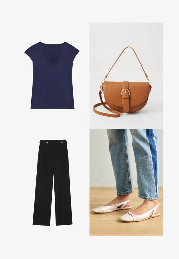 Navy blue short-sleeve top with a V-neck design. Made of soft fabric, featuring smooth texture and clean hem finishing.; Black wide-leg trousers with high waist, button details on waistband, and front pleats.; Pale pink slingback flats with a pointed toe, made from a smooth leather-like material. Features cut-out details at the sides and a flat heel.; Brown leather crossbody bag with a curved shape, gold hardware, and a buckle accent. Features a detachable shoulder strap.