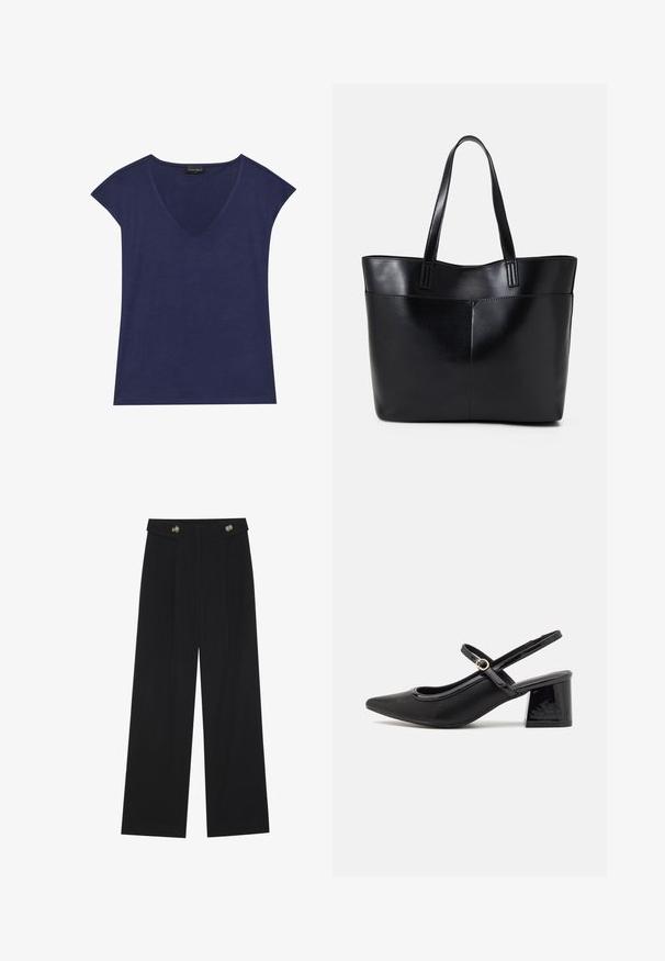 Marineblå kortærmet top med V-udskæring. Lavet af blødt stof, har en glat tekstur og pæne kantafslutninger.; Sorte vide bukser med høj talje, knapdetaljer på taljebåndet og frontfald.; Sorte patentlæder slingback hæle med spids tå, rund udskæring og blokhæl. Har en guldtonet spændeaccents.; Sort læder tote taske med to lange håndtag, en glat tekstur og en struktureret form. Har en forlommem for ekstra opbevaring.