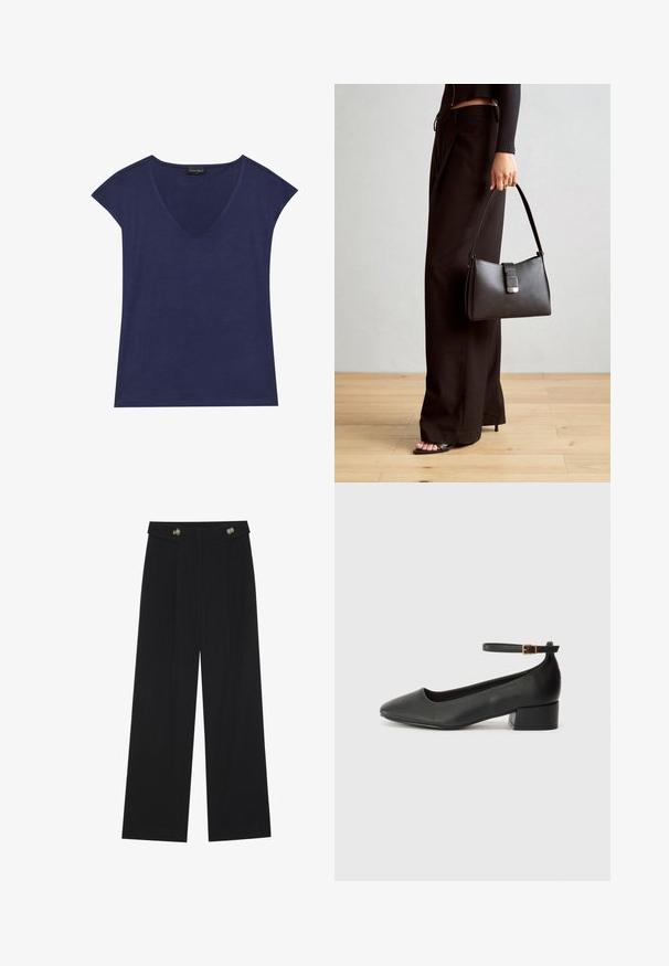 Námornícky modrý krátky rukáv top s výstrihom do V. Vyrobené z jemnej tkaniny, s hladkým povrchom a čistým lemovaním.; Čierne široké nohavice s vysokým pásom, so zapínaním na gombíky na páse a prednými sklady.; Čierne kožené lodičky s špicatou špičkou a nízkym blokovým podpätkom. Obsahuje remienok okolo členka so zlatým prackou. Hladký povrch.; Čierna kabelka so štruktúrovaným tvarom, hladkou textúrou a kovovou sponou. V kombinácii so širokými čiernymi nohavicami a sandálmi s otvorenou špičkou na drevenej podlahe.