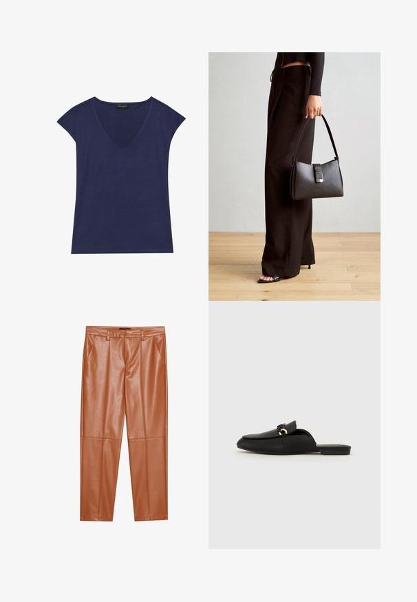 Tengerészkék, rövid ujjú felső, V-nyakkivágással. Puha anyagból készült, sima textúrával és tiszta szegéllyel.; Barna műbőr nadrág, testhez simuló fazonnal, elöl pliszírozott részletekkel és egyenes szárakkal. Sima textúra, látható fém részletek vagy díszítések nélkül.; Fekete, sima bőrből készült slip-on cipő. Jellemzői a lekerekített orr, egy díszes szőtt pánt és egy kis arany kiegészítő. Lapos talp.; Fekete kézi táska strukturált formával, sima textúrával és fémből készült záródással. Széles fekete nadrággal és nyitott orrú szandállal párosítva, fából készült padlón.