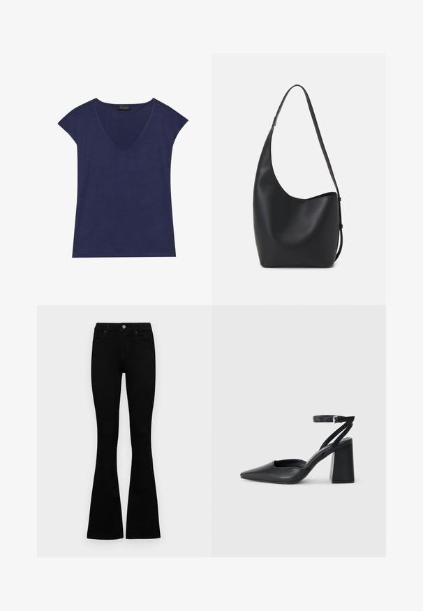 Top de manga corta azul marino con diseño de escote en V. Hecho de una tela suave, con textura lisa y acabado de dobladillo limpio.; Jeans negros de cintura alta con cierre de botón y cremallera, bolsillos frontales y piernas acampanadas, dispuestos sobre un fondo blanco.; Zapato de tacón puntiagudo de cuero negro con tira en el tobillo y tacón ancho. Textura plana, diseño elegante y estética minimalista.; Bolso tipo hobo de cuero negro con una textura suave, forma curvada y una sola correa ajustable; presenta una amplia apertura en la parte superior.