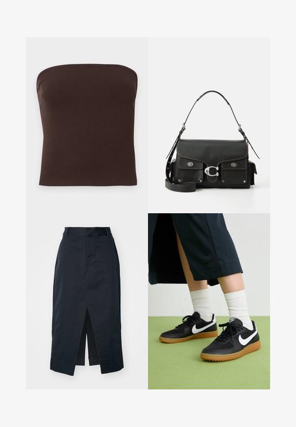 Ruda besiūlė palaidinė, pagaminta iš raibuliuojančios medžiagos. Lygus paviršius, prigludusi forma ir tvarkingi kraštai. Nėra matomų logotipų ar raštų.; Tamsiai mėlynas midi sijonas, pagamintas iš medvilnės mišinio, su priekinėmis išpjovomis, paslėptu užtrauktuku ir šoniniais kišenėmis funkcionalumui.; Juodos odinės ir sintetinių medžiagų sportbačiai su balta Nike swoosh, guminis padas, apvalus pirštas ir juodi raišteliai. Matomos banguotos baltos kojinės.; Juoda odinė rankinė su užtrauktuku, sidabriniais elementais, dviem priekiniais kišenėmis, kontrastingomis siūlėmis ir nuimamu peties diržu.