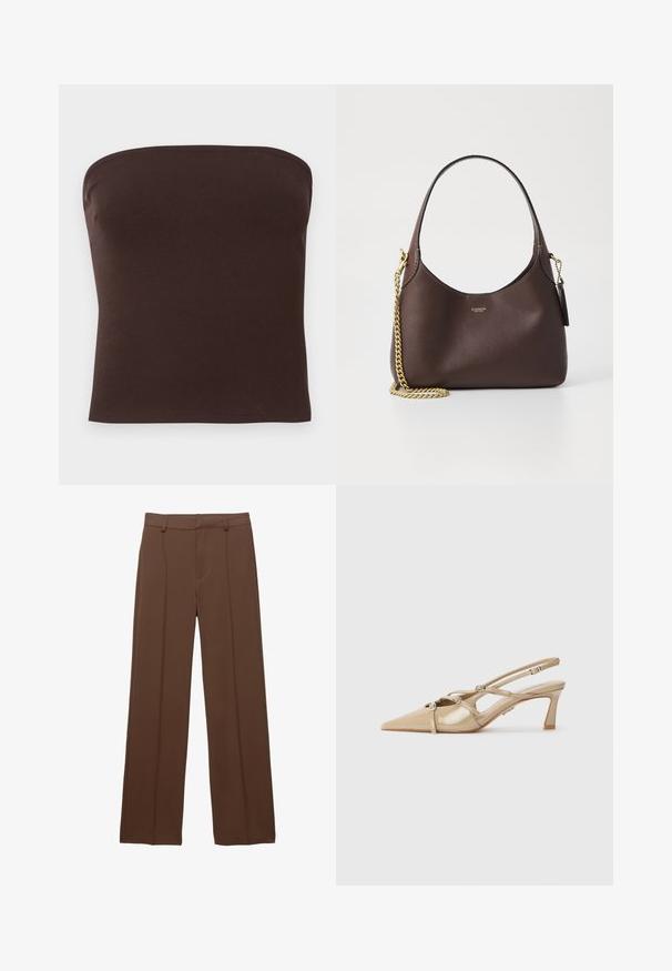 Rjav brezramni top iz rebraste tkanine. Gladka tekstura s prilagojeno obliko in čistimi robovi. Brez vidnih logotipov ali vzorcev.; Rjav, širok nogavice iz gladkega materiala; vključuje podložene sprednje plošče in raven pas s zanke za pas.; Bež lakirane usnjene čevlje s slingbackom in konico, prilagodljivi trakovi ter 6 cm blok peto. Vključuje dekorativne srebrne akcentre.; COACH BROOKLYN SHOULDER BAG 23 - Torbica - maple