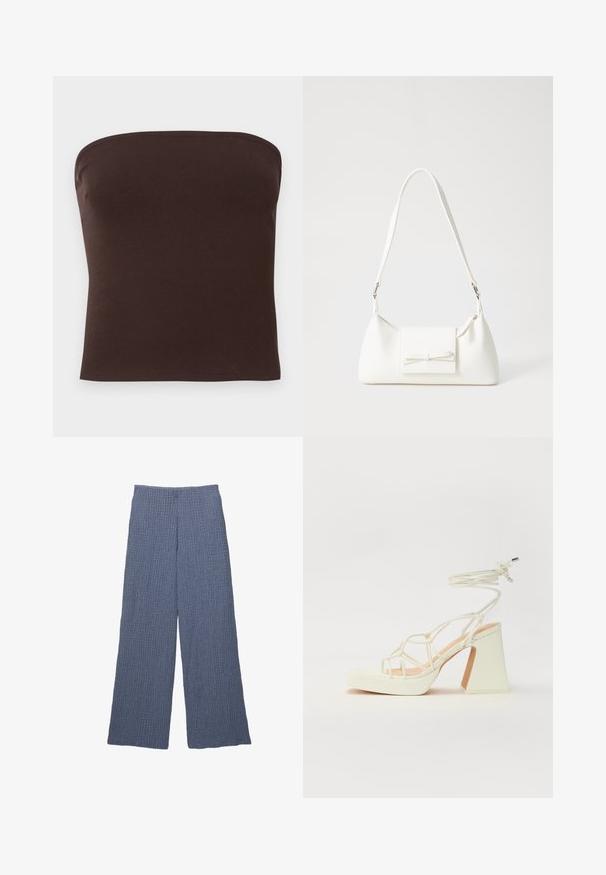 Smeđi top bez naramenica od rebrastog materijala. Glatka tekstura s prilagođenim krojem i čistim rubovima. Nema vidljivih logotipa ili uzoraka.; Plave široke hlače s teksturom i rebrastim dizajnom, s visokim strukom i slobodnim krojem, prikladne za ležernu odjeću.; Bijela sandala na visokoj potpetici s debelim petom, s remenom i vezanjem oko gležnja. Glatka tekstura s platformom sprijeda za dodatnu visinu.; Bijela sintetička torbica s trokutastim oblikom, ravnim prednjim poklopcem i detaljem u obliku mašne, podesivom remenom, glatkom teksturom i minimalističkim dizajnom.