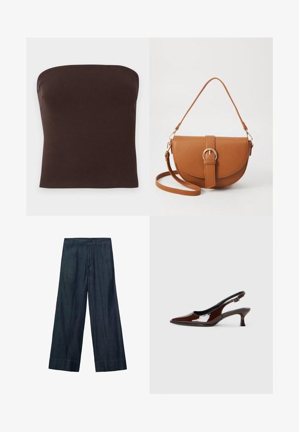 Hnedý top bez ramienok vyrobený z brázdovej tkaniny. Hladká textúra s priliehavým strihom a čistými okrajmi. Žiadne viditeľné logá ani vzory.; Široké nohavice z tmavého denimu s vysokým pásom, prednými záhybmi a hladkým povrchom. Spodný lem je rovný bez ďalších detailov.; Hnedá lakovaná slingback obuv s špicatou špičkou a mierne vysokým opätkom. Obsahuje pracku pre bezpečné upevnenie. Hladká textúra.; Hnedá kožená kabelka cez telo s zakriveným tvarom, zlatými kovovými doplnkami a akcentom s prackou. Obsahuje odnímateľný ramenný popruh.