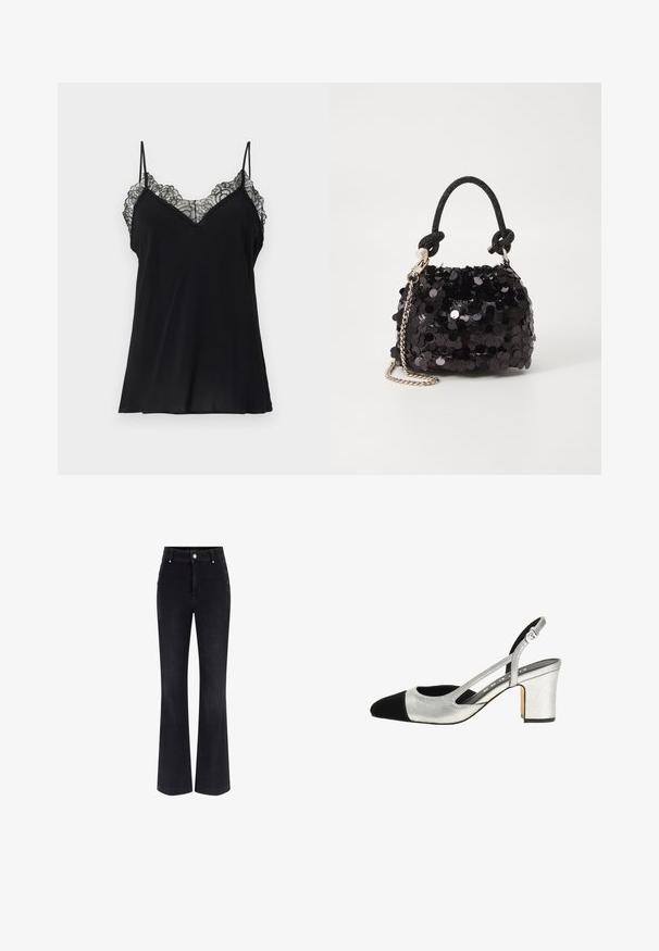 Czarna koszulka na ramiączkach z cienkimi paskami, dekoltem w kształcie litery V oraz koronkowym wykończeniem wzdłuż dekoltu, wykonana z gładkiego, lekkiego materiału.; Czarne dżinsy dzwonowe z wysokim stanem, pięcioma kieszeniami i metalowymi guzikami po bokach. Gładka tekstura i klasyczny krój.; Srebrne czółenka na słupku z czarnym czubkiem, o fakturowanej cholewce. Posiadają wycięte boki oraz regulowany pasek dla lepszego dopasowania.; Czarna mini torebka z cekinami, z węzłowym, teksturowanym paskiem i srebrnym łańcuchem. O zaokrąglonym kształcie z marszczoną górą i refleksyjnymi detalami.