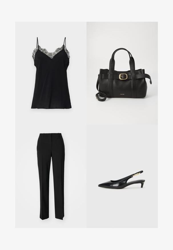Juoda naktinė palaidinė su plonomis petnešomis, V formos iškirpte ir nėriniu apipavidalinta iškirpte, pagaminta iš glotnaus, lengvo audinio.; Juodi pritaikyti kelnių modeliai su tiesiomis kojomis, pasižyminčios lygiomis tekstūromis ir ryškiomis klostėmis priekyje. Nėra matomų detalių.; Juodas odinis pavasario batelių modelis su smailiu nosiu, turintis siaurą kulniuką ir auksinės spalvos akcentu reguliuojamoje juostoje. Lygi tekstūra.; Juodas odinis rankinės maišas su struktūrizuotu dizainu, dviem viršutinėmis rankenomis, auksinės spalvos sagtimi ir iškilniu prekės ženklu priekyje.