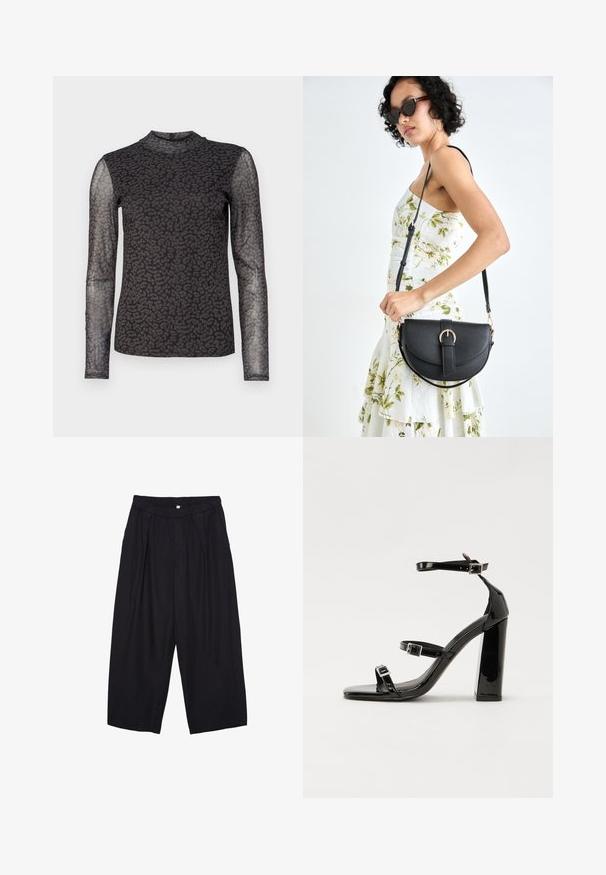 Dugi rukav majica s crnim poluprozirnim materijalom i uzorkom leopard krzna. Visoki izrez i pripijeni kroj. Teksturalni detalji na rukavima.; Crne poliester hlače culotte s elastičnim pojasom, dva prednja nabora i širokim krojem. Nema vidljivih uzoraka ili metalnih detalja.; Crne lakirane sandale na pete sa kvadratnim nosom, trakama oko gležnja i srebrnim kopčama. Imaju čvrst blok petu za stabilnost.; Crna kožna torba s lukovitim oblikom, odvojivim remenom i zlatnim detaljima. Torba ima preklop s kopčom.
