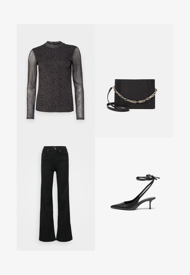 Long-sleeve top featuring a black semi-sheer fabric with a leopard print pattern. High neckline and fitted silhouette. Textured detail on sleeves.; Black flared jeans made from denim, featuring a high waist, five pockets, and metal button closure. Smooth texture with minimal detailing.; Black leather stiletto shoe with a pointed toe, open back, and ankle straps tied in a bow. Slim 3-inch heel. Smooth texture, minimalist design.; Black leather crossbody bag featuring a smooth texture, rectangular shape, and a metallic chain detail on the front. Adjustable strap included.