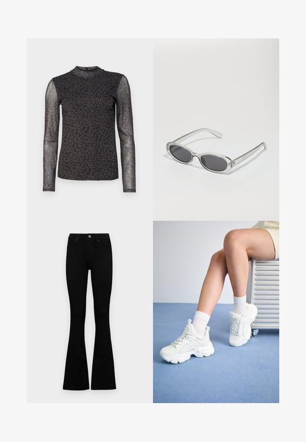 Long-sleeve top featuring a black semi-sheer fabric with a leopard print pattern. High neckline and fitted silhouette. Textured detail on sleeves.; Black high-waist jeans with a button and zip closure, front pockets, and flared legs laid flat on a white background.; White lace-up sneakers with a chunky sole, featuring smooth synthetic material, textured accents, and a pull tab on the heel.; Sunglasses with an oval shape, clear plastic frame, dark gray lenses, and thin transparent arms featuring logo accents and minimal detailing.