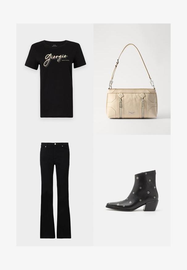 Camiseta de algodón negra de manga corta y cuello redondo, con texto brillante "Giorgio" y el logotipo "Armani Exchange" en colores contrastantes.; Pantalones vaqueros de talle ancho en negro, confeccionados en denim, con dos bolsillos frontales, cierre de botón y una textura suave. Costuras distintivas visibles en las costuras.; Bota de tobillo de cuero negro con detalles de ojales plateados, punta afilada y tacón cuadrado. Diseño elegante con una textura suave.; Bolso de mano de cuero beige con herrajes plateados, dos cremalleras laterales, diseño estructurado y una correa removible para mayor versatilidad.