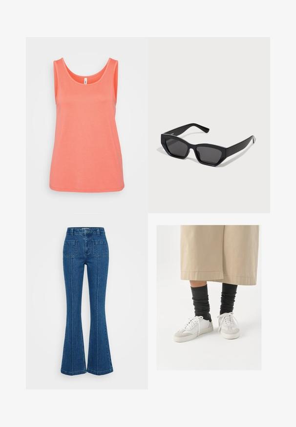 Koralo spalvos be rankovių marškinėliai, pagaminti iš minkštos medvilnės, su apvalia iškirpte ir tiesiu apvadu. Lygus paviršius be raštų ar dekoracijų.; Mėlynos džinsinės kelnės su platėjančiomis kojomis, aukštu liemeniu, dviem galinėmis kišenėmis ir ryškiai išsiuvinėtomis siūlėmis šoninėse siūlėse.; Balti ir pilki sportbačiai su juodu kulno akcentu, kurių viršus pagamintas iš lygaus odos, o pirštai padengti tekstūruotu zomšiniu paviršiumi. Dėvimi su tamsiai pilkomis, laisvai krentančiomis kojinėmis.; Juoda stačiakampio formos saulės akiniai su storiu rėmu, tamsiais objektyvais ir kampuotu dizainu. Lygus plastiko paviršius be matomų raštų ar akcentų.; Sidabrinis dvigubas žiedas su lygiu, poliruotu paviršiumi. Pasižymi sklandžiu, kreiptu dizainu su persipinančiomis dalimis, suteikiančiomis modernų išvaizdą.