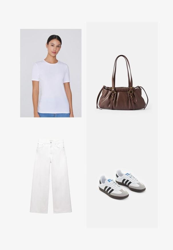 Weißes Kurzarm-T-Shirt aus weichem Stoff, mit runder Ausschnitt und taillierter Silhouette, vor einem neutralen Hintergrund präsentiert.; Weiße, weit geschnittene Jeans aus Baumwolle mit hoher Taille, Fünf-Taschen-Design und Messingbeschlägen. Glatte, unbeschädigte Oberfläche.; Sportschuhe mit einem Obermaterial aus weißem Leder, grauer Wildleder-Zehenkappe und drei schwarzen Streifen. Sie verfügen über ein blaues Logo auf der Zunge und eine strukturierte Gummisohle.; Braune Lederhandtasche mit zwei langen Griffen, gerafftem Design, goldfarbene Hardware-Details und einer strukturierten Oberfläche.