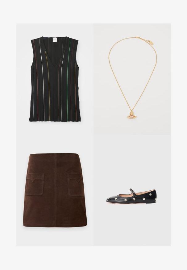 Schwarzes ärmelloses Top mit V-Ausschnitt, verziert mit vertikalen Streifen in Rot, Weiß, Blau, Gelb, Grün und Braun; gerippte Textur.; Weißes Langarmhemd mit figurnahem Design. Verfügt über einen großen Kragen, eine Frontknopfleiste mit braunen Knöpfen und ein kleines, besticktes Logo.; Brauer Wildlederrock im klassischen A-Linien-Schnitt, mit zwei vorderen Taschen mit abgerundeten Klappen und dezenten Nähten.; Schwarze Leder-Mary-Jane-Ballenflats mit runder Zehenform, ausgestattet mit silbernen runden Nieten und einem verstellbaren Riemen mit Schnalle.; Die goldene Kettenhalskette verfügt über einen herzförmigen, rosafarbenen Edelstein-Anhänger mit geometrischem Design und kleinen klaren Akzenten.