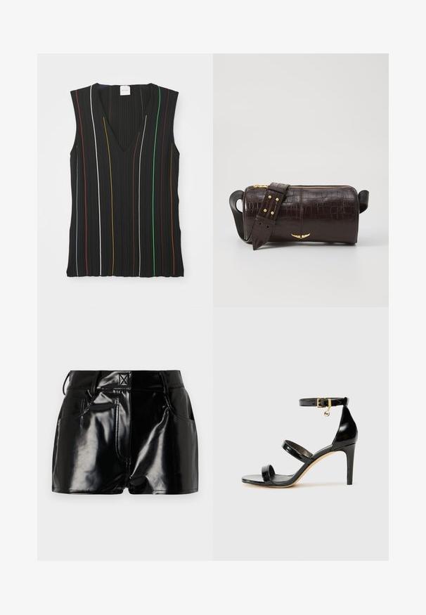 Schwarzes ärmelloses Top mit V-Ausschnitt, verziert mit vertikalen Streifen in Rot, Weiß, Blau, Gelb, Grün und Braun; gerippte Textur.; Schwarze, glänzende Shorts aus synthetischem Material. Mit einem taillierten Bund, Gürtelschlaufen und vorderen Taschen mit auffälligen Nähdetails.; Schwarze Lackleder-Sandale mit drei Riemen, Knöchelriemen und 10 cm hohen Stiletto-Absatz. Verfügt über goldfarbene Hardware-Details und ein Logo-Charm.; Braune, krokodilgeprägte Lederhandtasche mit zylindrischer Form, goldfarbener Hardware und einem abnehmbaren Tragegurt mit Nieten.