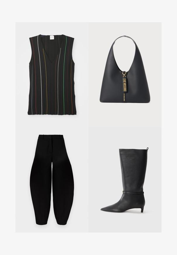 Haut sans manches noir avec un décolleté en V, présentant des rayures verticales rouges, blanches, bleues, jaunes, vertes et marron ; texture côtelée.; Pantalons larges noirs à taille haute, avec un devant plissé et des chevilles fuselées. Fabriqués dans un tissu lisse avec une finition mate.; Botte noire en cuir, montant jusqu'au genou, avec un bout pointu, accentuée par une sangle circulaire autour de la cheville et un petit talon effilé. Texture lisse.; Sac à bandoulière en cuir noir avec une large sangle, des accessoires en or et deux étiquettes suspendues embossées avec "LOVE MOSCHINO" en lettres dorées.
