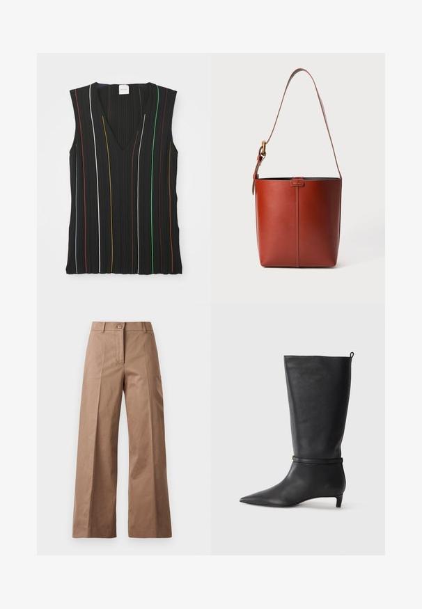 Czarny top bez rękawów z dekoltem w serek, z pionowymi paskami w kolorze czerwonym, białym, niebieskim, żółtym, zielonym i brązowym; tekstura prążkowana.; Brązowe spodnie szerokie, wykonane z gładkiego materiału, z zamknięciem na guzik z przodu, dwiema przednimi kieszeniami oraz czystymi, dopasowanymi liniami.; Czarne skórzane kozaki do kolan z ostro zakończonym noskiem, ozdobione okrągłym paskiem wokół kostki oraz niskim, zwężanym obcasem. Gładka tekstura.; Brązowa skórzana torebka w kształcie wiadra z regulowanym paskiem na ramię i złotą klamrą, prosta pionowa szew na przodzie.