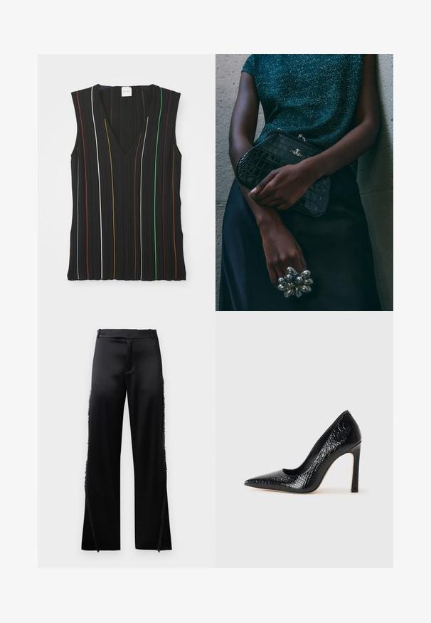 Fekete ujjatlan felső V-nyakkivágással, függőleges csíkokkal piros, fehér, kék, sárga, zöld és barna színben; bordázott textúrával.; Fekete selyem nadrág, széles szárakkal, oldalsó varrásain frufru részletekkel és lapos elülső derékrészes. Egyszerű hátul zsebek nélkül.; Fekete hegyes orrú magassarkú cipő krokodilbőr textúrával, letisztult dizájnnal, magas tűsarkú és sima fekete belső résszel.; Fekete krokodilbőr mintázatú válltáska ezüst hardware-rel, egy texturált szürke háttér előtt tartva. Fényes felülettel rendelkezik.