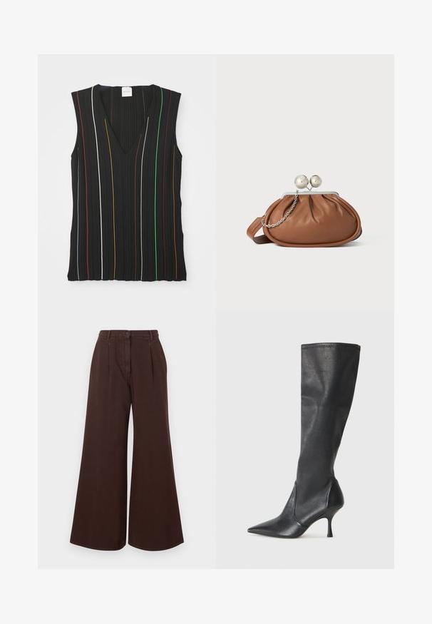 Must välimisega mustatuubiga top, millel on V-kaelus ja vertikaalsed triibud punases, valges, sinises, kollases, rohelises ja pruunis; ribakujuline tekstuur.; Kõrge vöökoht, laiad pruunid püksid nupuga ja tõmblukuga, vöörihmadega ning ees olevate voltidega.; Knee-high mustad nahksaapad terava nina ja kitsaste stiilsete kontsadega. Sile tekstuur sobiva disainiga ja õmblused ülemisel serval.; Pruun nahast klambriga rahakott, millel on hõbedane palli klamber ja väike hõbedane kett detail, valgel taustal.