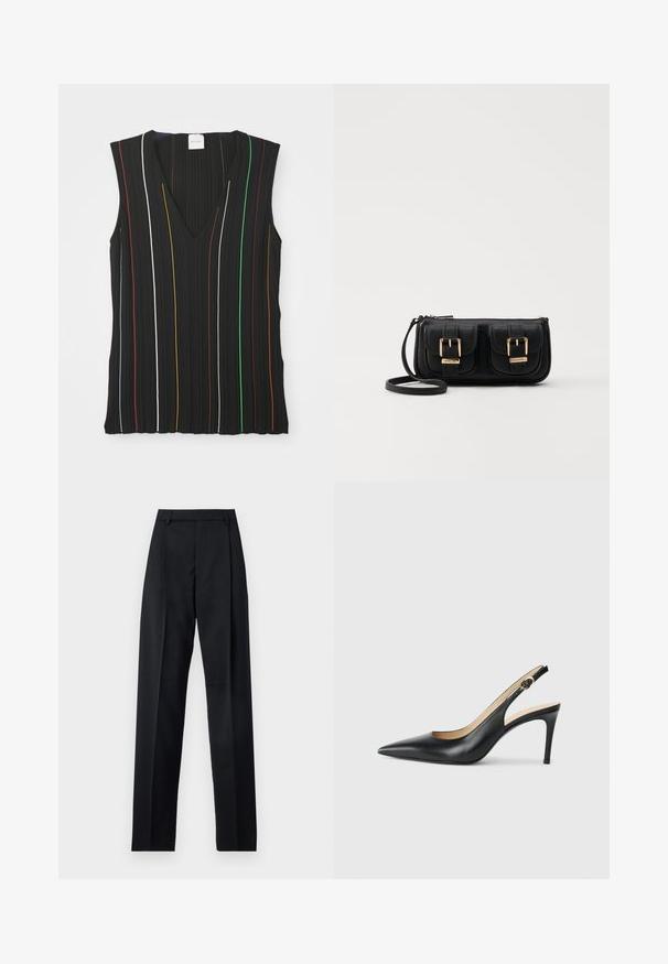 Crni top bez rukava s V izrezom, s vertikalnim prugama u crvenoj, bijeloj, plavoj, žutoj, zelenoj i smeđoj boji; rebrasta tekstura.; Crne hlače od glatkog materijala s visokim strukom, širokim nogavicama, prednjim pregibima i klasičnim petljama za remen. Nema vidljivih bočnih džepova.; Crne kožne slingback visoke potpetice s šiljastim nosom, podesivim trakama i elegantnim stiletto potpeticama, s glatkom završnom obradom.; Crna kožna torba preko ramena s dva prednja džepa, zlatnim kopčama, zatvaranjem na zip i uskim remenom. Teksturirana površina i kompaktan pravokutan oblik.