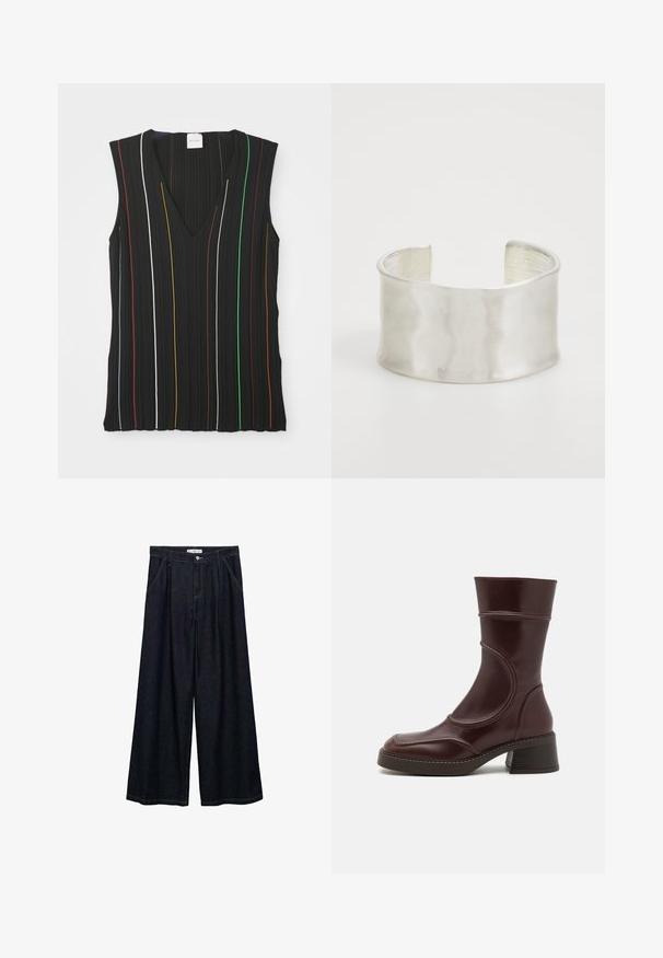 Crni top bez rukava s V izrezom, s vertikalnim prugama u crvenoj, bijeloj, plavoj, žutoj, zelenoj i smeđoj boji; rebrasta tekstura.; Tamno plave široke traperice visokog struka, koje imaju prednje kopčanje na dugme, dva bočna džepa i detalje šivanja.; MIISTA MALENE - Klasične gležnjače - brown; Zign Narukvica - silver-coloured