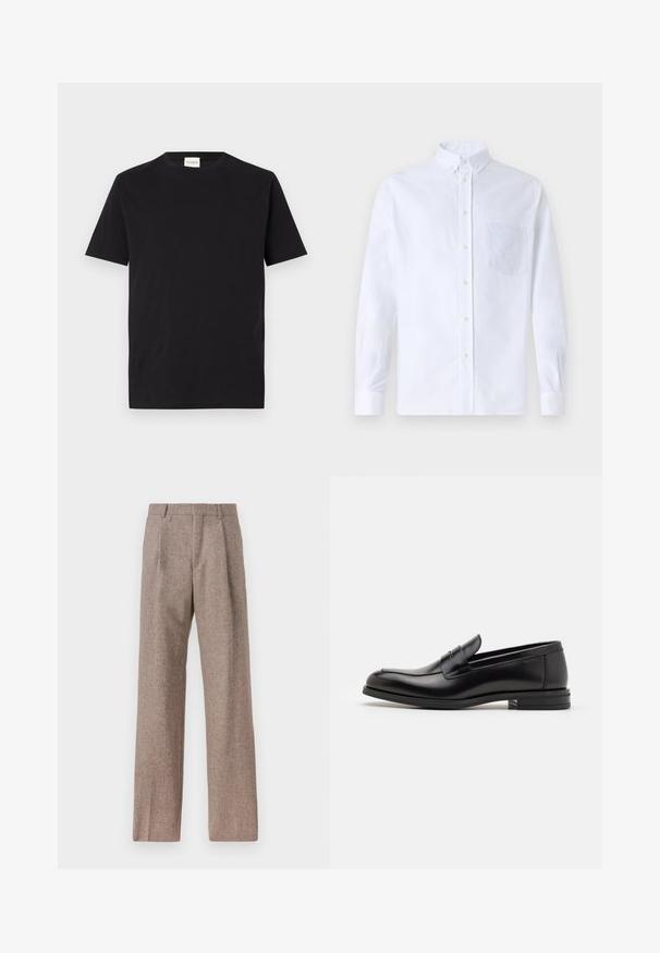 Černé bavlněné tričko s kulatým výstřihem a krátkými rukávy. Má rovný střih a minimalistický design, s viditelnou cedulkou na límci.; Bílá dlouhá košile s knoflíky vyrobená z bavlny, která má náprsní kapsu s tónovanou výšivkou, límec a knoflíkové manžety.; Hnědé kalhoty s vysokým pasem vyrobené z texturované látky. Mají široké nohavice a dva přední sklady pro strukturu. Úhledné provedení bez viditelné kovových částí.; Černé kožené polobotky s hladkou texturou, zaoblenou špičkou a zdobným páskem přes nárt. Nízký stohovaný podpatek, minimalistický design.
