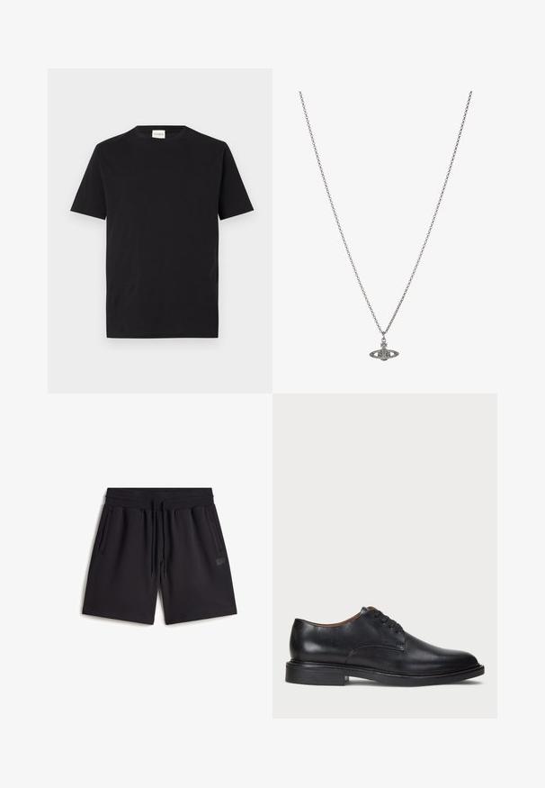 Zwarte katoenen t-shirt met een ronde halslijn en korte mouwen. Heeft een rechte pasvorm en een minimaal ontwerp, met een label zichtbaar bij de kraag.; Zwarte sweatshorts gemaakt van een katoenmix. Voorzien van een elastische tailleband met trekkoord, zijzakken en een klein logo-label.; Zwart leren dresschoen met een ronde neus, vetersluiting en een lage gestapelde hak. Gladde textuur met minimale stiksels.; Zilveren ketting met een gedetailleerde hanger in de vorm van een planeet, versierd met kleine accenten en verfijnde patronen.
