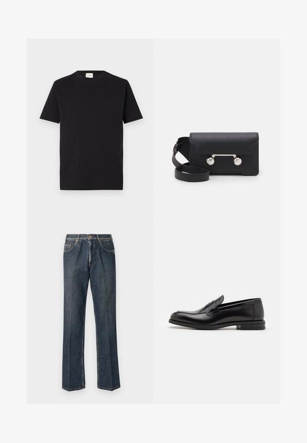 Crna pamučna majica s okruglim izrezom i kratkim rukavima. Ima ravni kroj i minimalistički dizajn, s oznakom vidljivom na ovratniku.; Tamno plave traperice ravnog kroja s prednjim gumbom, patentnim zatvaračem, dvojim prednjim džepovima i vidljivim vertikalnim naborima duž nogu.; Crni kožni mokasini s glatkom teksturom, zaobljenim prstima i ukrasnom trakom preko prednjeg dijela. Niski slojeviti potplat, minimalistički dizajn.; Crna kožna crossbody torba s preklopom, hardverom srebrne boje i dva okrugla detalja. Ima odvojivi remen. Glatka tekstura.