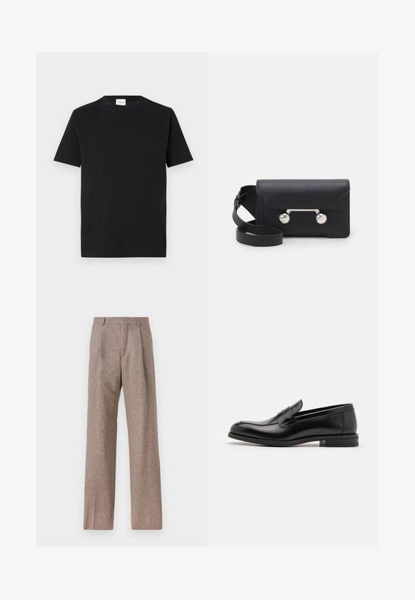 Maglietta nera in cotone con scollatura rotonda e maniche corte. Presenta una vestibilità dritta e un design minimale, con un'etichetta visibile al colletto.; Pantaloni marroni a vita alta realizzati in tessuto testurizzato. Presentano gambe ampie e due pieghe frontali per struttura. Rifinitura curata senza hardware visibile.; Mocassini neri in pelle con una texture liscia, punta arrotondata e una striscia decorativa sulla tomaia. Tacco basso impilato, design minimalista.; Borsa a tracolla in pelle nera con chiusura a patta, hardware in tonalità argento e due accenti tondi. Dotata di una tracolla removibile. Texture liscia.