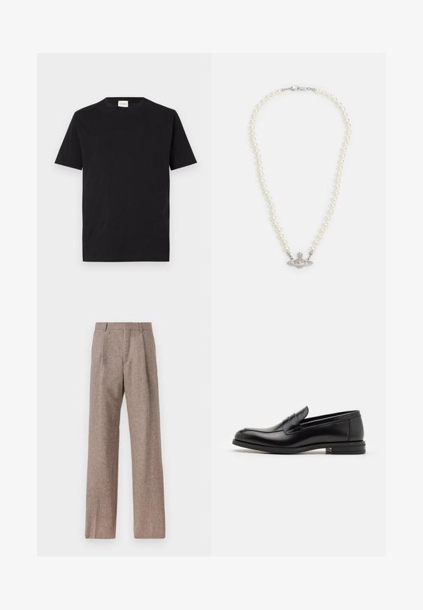 Maglietta nera in cotone con scollatura rotonda e maniche corte. Presenta una vestibilità dritta e un design minimale, con un'etichetta visibile al colletto.; Pantaloni marroni a vita alta realizzati in tessuto testurizzato. Presentano gambe ampie e due pieghe frontali per struttura. Rifinitura curata senza hardware visibile.; Mocassini neri in pelle con una texture liscia, punta arrotondata e una striscia decorativa sulla tomaia. Tacco basso impilato, design minimalista.; Collana di perle con chiusura in tono argento. Caratterizzata da perle bianche rotonde e un centro decorativo impreziosito da strass.