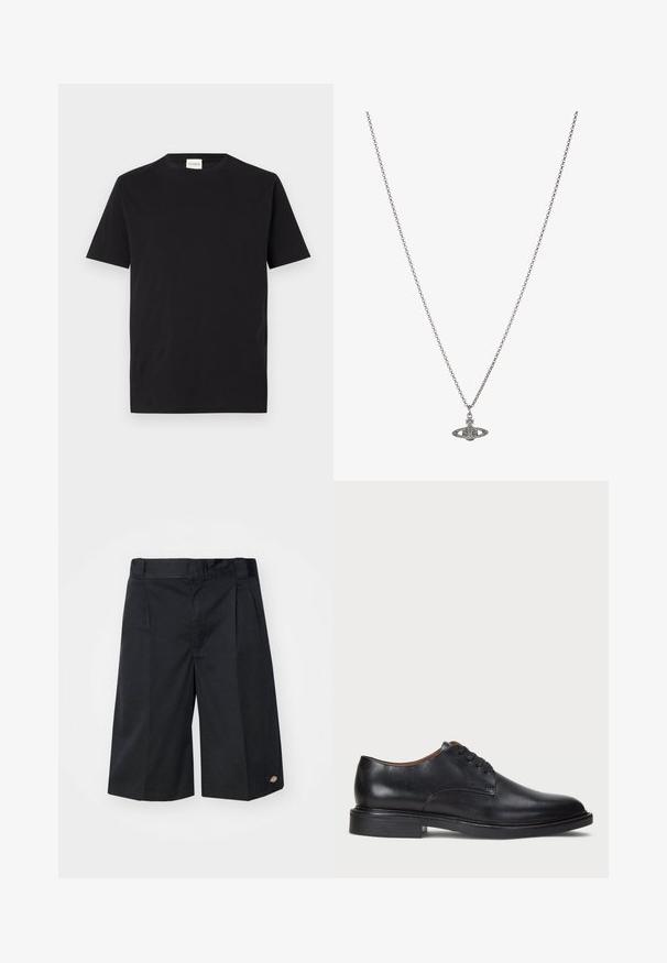 Čierne bavlnené tričko s okrúhlym výstrihom a krátkymi rukávmi. Má rovný strih a minimalistický dizajn, s viditeľným štítkom na golieri.; Čierne šortky s upraveným strihom, vybavené plochými prednými záhybmi, štandardným pásom a bočnými vreckami. Vyrobené z pevnej tkaniny.; Čierne kožené spoločenské topánky s okrúhlym špičkou, šnurovacím dizajnom a nízkym zloženým podpätkom. Hladký povrch s minimálnymi švovými detailmi.; Strieborný retiazkový náhrdelník s detailným príveskom v tvare planéty, zdobený malými akcentmi a zložitými vzormi.