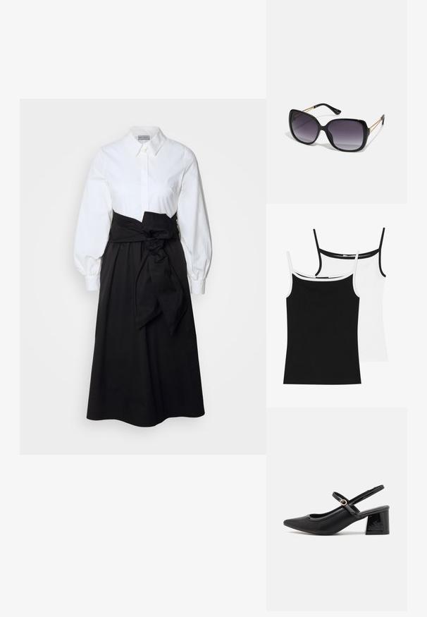 To camisole-topper: en svart og en hvit. Begge har tynne stropper og kontrastfarge på halsen. Laget av et glatt, stretchy stoff.; Hvit skjorte med lange puffermer, kombinert med en svart skjørt og tekstilbelte knyttet i midjen, laget av glatt bomullsmateriale.; Sorte lakk lær slingback hæler med spiss tå, et avrundet utskjæringsdesign og blokkheel. Har en gulltone spenne som detalj.; Sorte oversized solbriller med gradient linser, tykke rammer og detaljering med gulltonekjede på tempelarmene.; Svart totebag laget av syntetisk materiale, med et enkelt rektangulært design, gullfargede firkantede detaljer og doble håndtak.