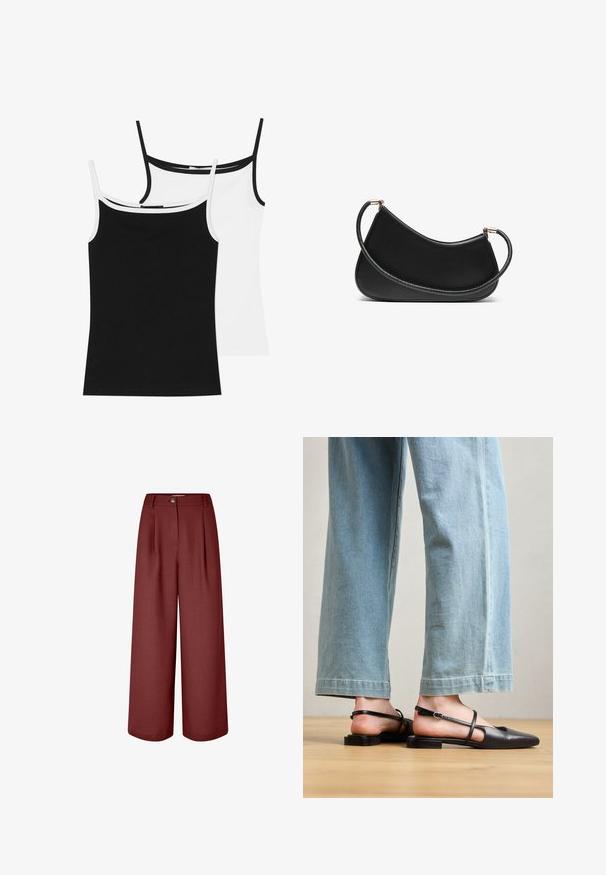 Two camisole tops: one black and one white. Both feature thin straps and contrasting trim on the neckline. Made of a smooth, stretchy fabric.; Wide-leg trousers in a rich burgundy color, made of smooth fabric. Features a waistband, front pleats, and a single button closure.; Black leather slingback shoes with a pointed toe, flat heel, and ankle strap; worn with light blue wide-leg jeans.; Black leather shoulder bag with a curved design, featuring a textured strap and gold-tone hardware at the top closure. Smooth finish.; Set of gold-tone earrings featuring various designs, including studs, hoops, and dangling pieces with pearls and rhinestones.